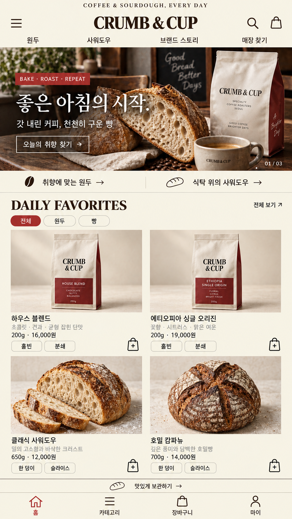 가상 카페·베이커리 브랜드 CRUMB & CUP의 모바일 쇼핑몰 시안. 하우스 블렌드·에티오피아 싱글 오리진 원두와 클래식 사워도우·호밀 캄파뉴의 사진·가격·중량 정보를 보여줍니다.