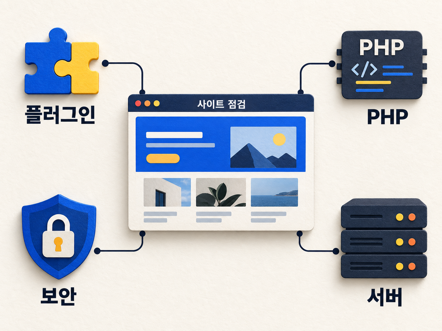 사이트를 중심으로 플러그인, PHP, 보안, 서버가 연결된 점검 개념도. 화면에 나타난 오류와 운영 환경을 함께 살펴봅니다.
